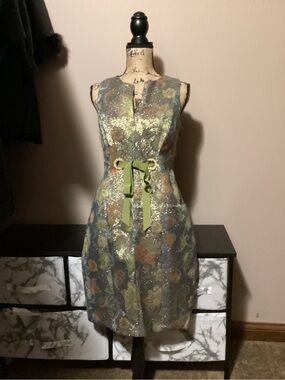 Chetta B Metallic Floral Mini Dress with Lime Waist Tie